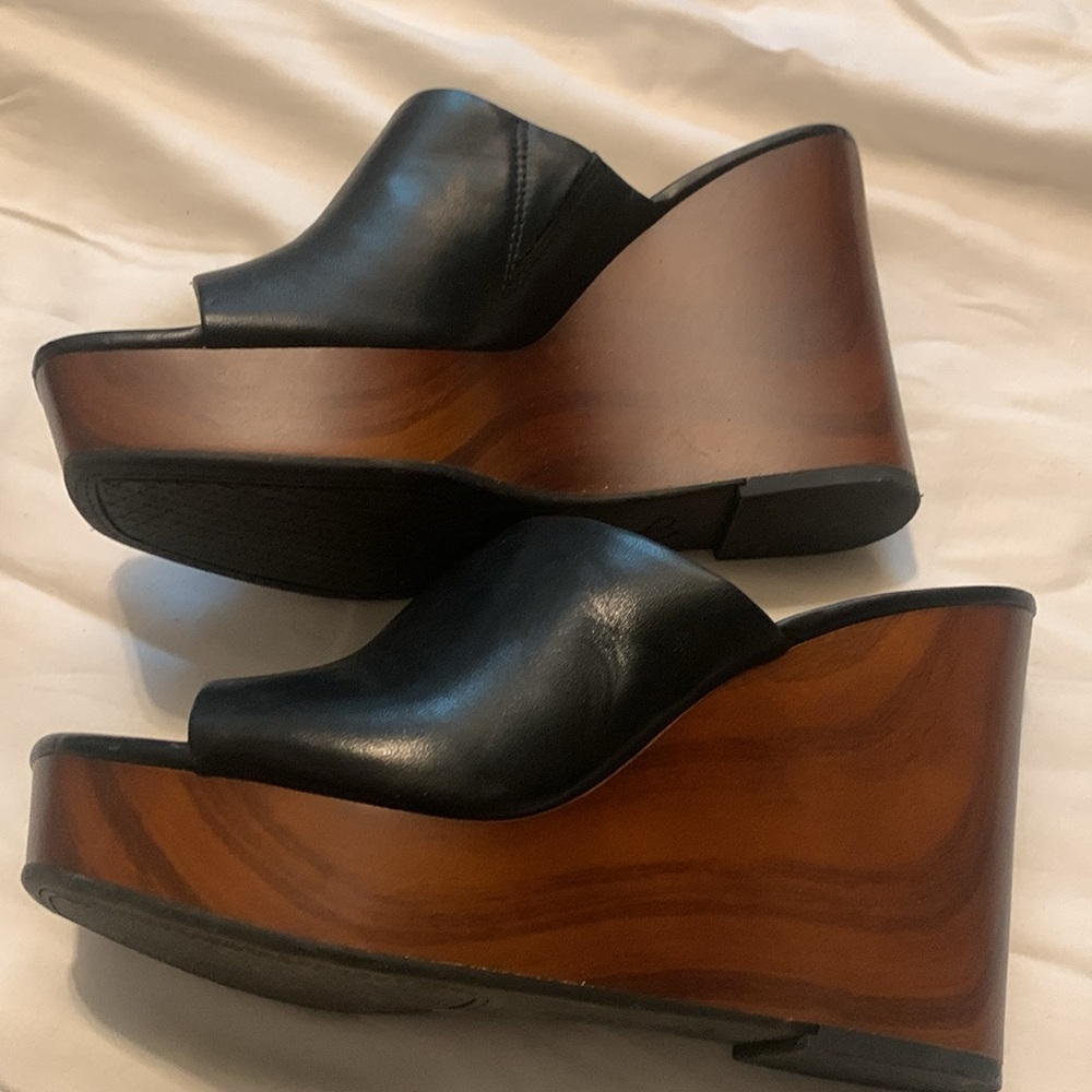 Jessica Simpson Black Leather Open-Toe Wedge Sandals with Wood-Effect Platform - Picture 9 of 11